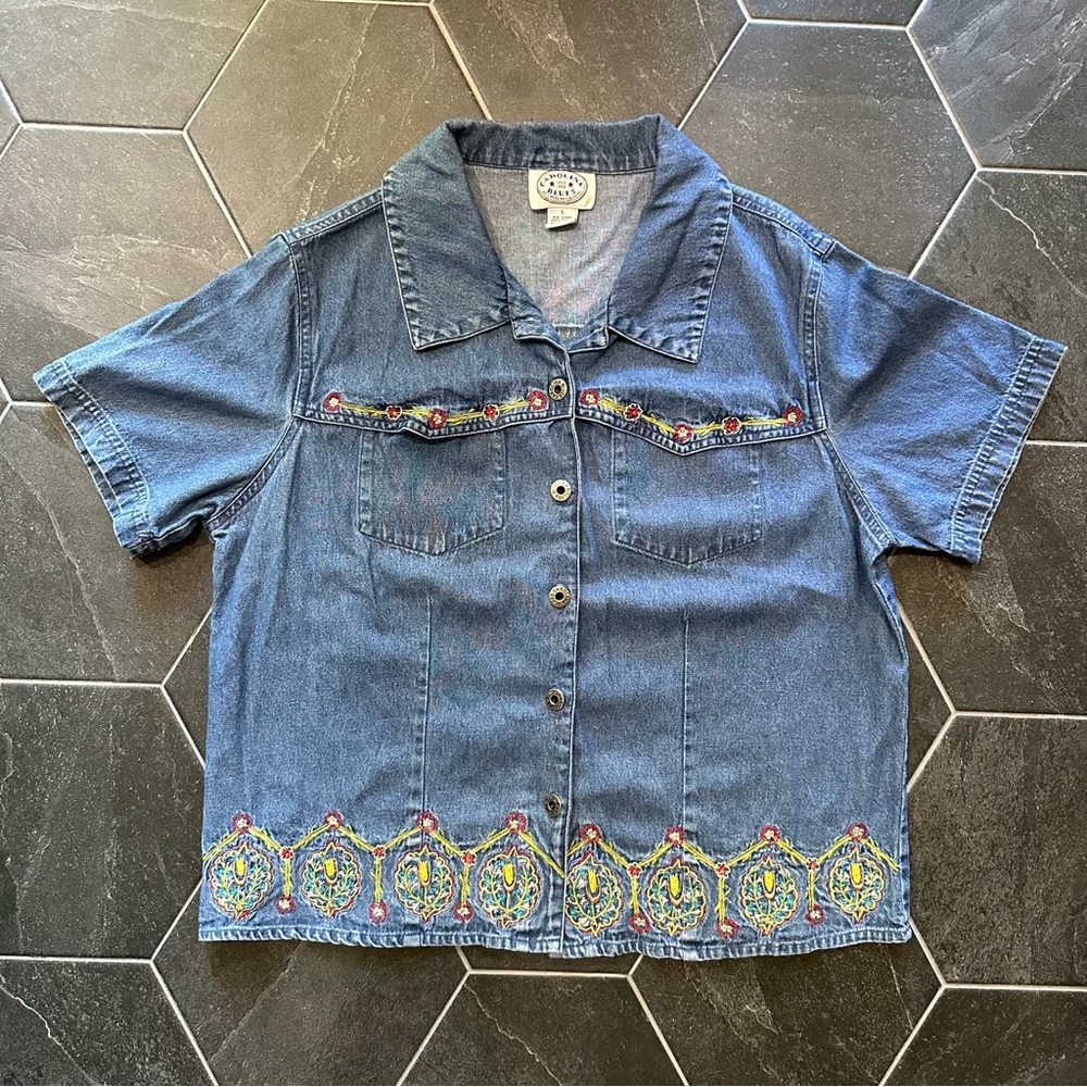 VTG Retro Boho Hippie Embroidered Blue Jean Denim Button Front Shirt